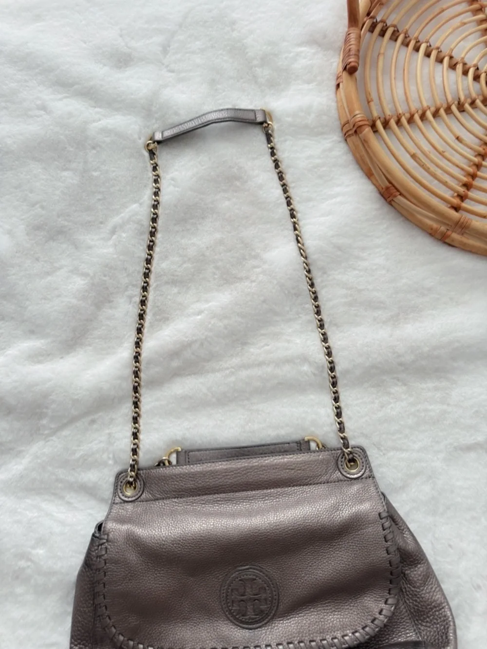 Tory Burch Marion Whipstitch Leather Saddle Bag Metallic Pewter